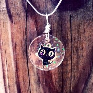 black kitten resin necklace with glitter